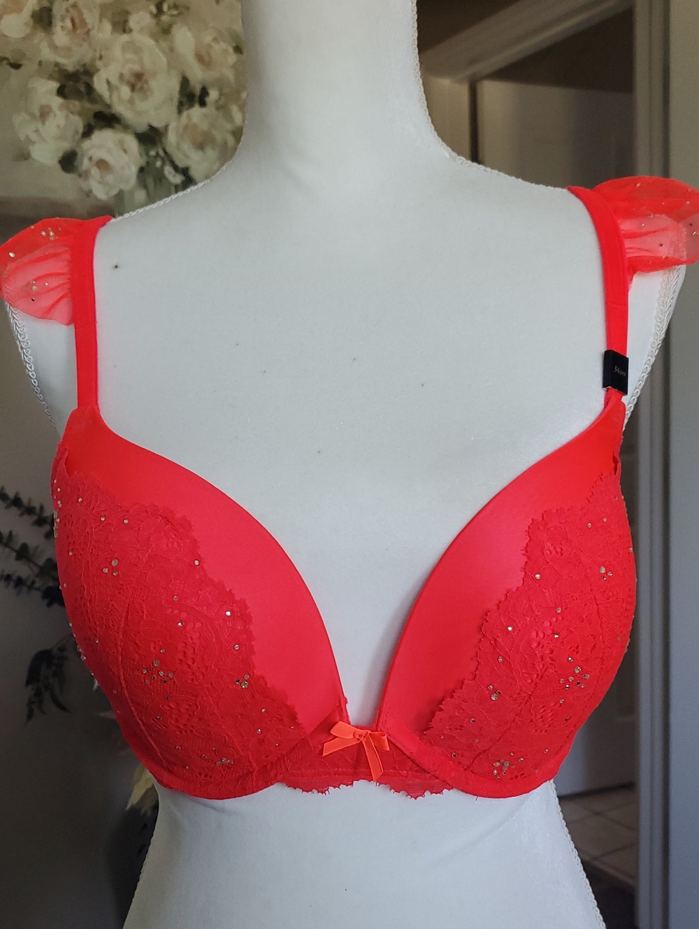 Victoria's Secret Neon Coral Lace Push-Up Bra with Bow Accent